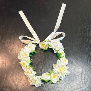 White faux Floral Headband with Ribbon- rave bohemian wedding
